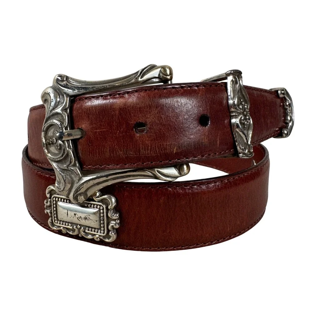 Fossil Womens Brown Leather Western Belt Silver Ornate Concho‎ Buckle Size L